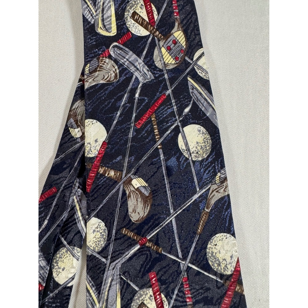 Dino Romaro Mens Silk Necktie Navy Blue Golf Clubs Balls Novelty Hand Made Tie
